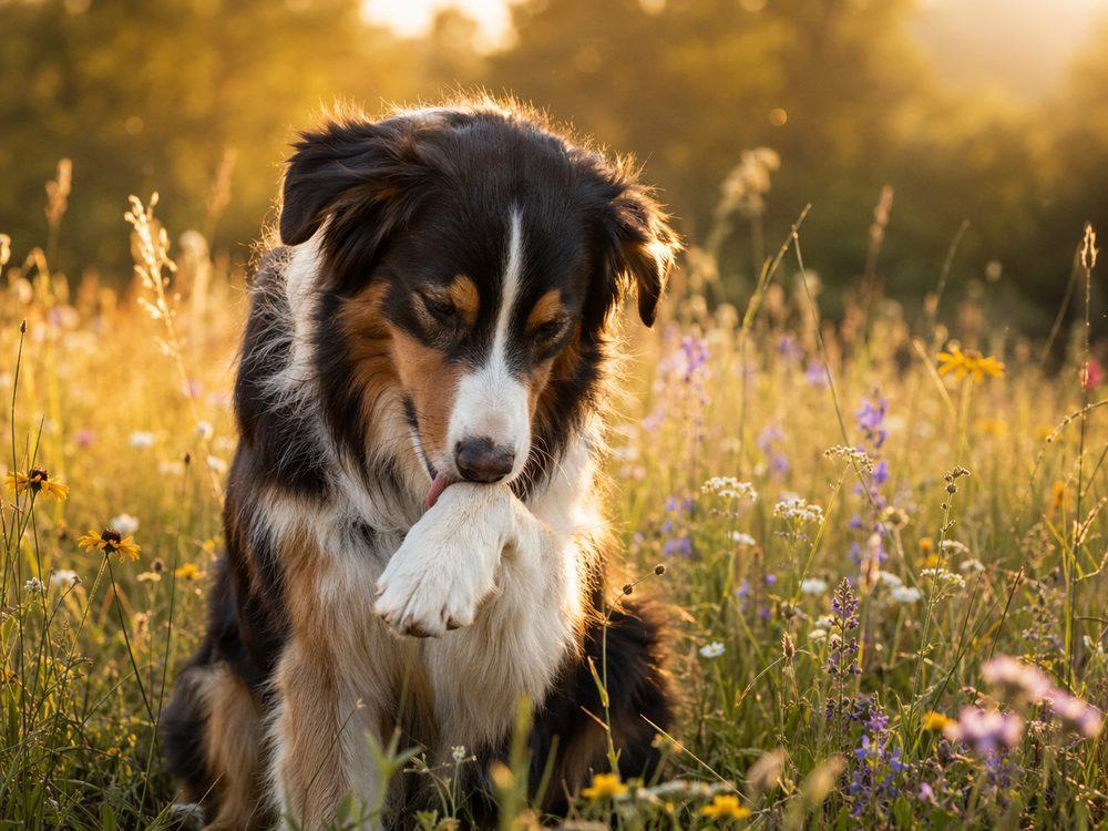 Australian Shepherd gently licking its paw in a wildflower meadow