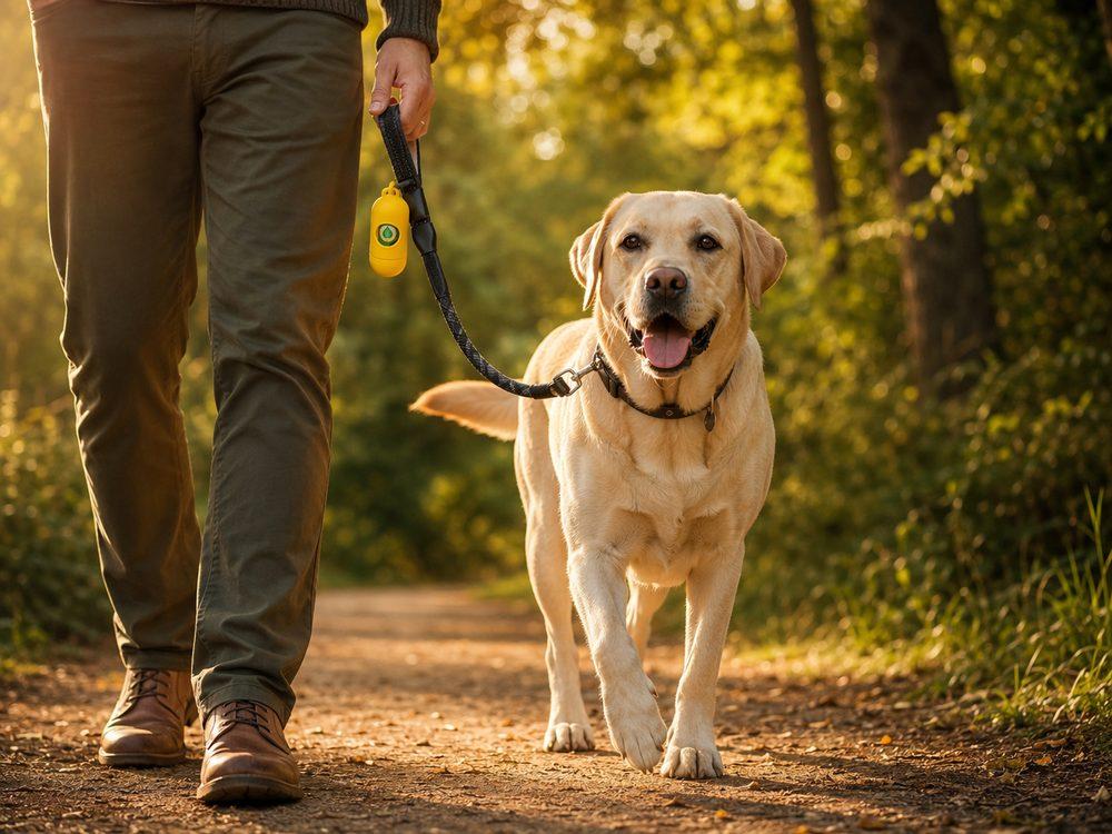 Labrador walking a trail with a compostable poop bag dispenser attached near the leash handle