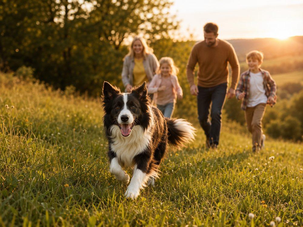 Border Collie running through a meadow with family following behind